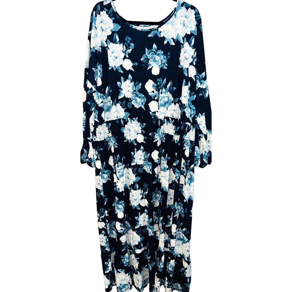 LuLaRoe Evelyn 3XL Blue & White Floral Maxi Dress Long Sleeves Made In Cambodia